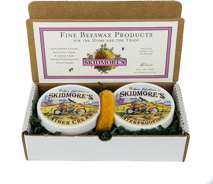 Skidmore's Biker Edition Leather Care Gift Set | Leather Cream and Waterproofing Kit for Your Motorcycle | Natural and N