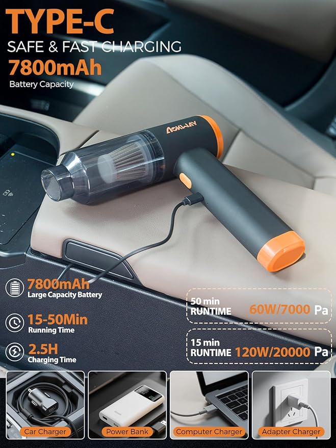aokway Car Vacuum Portable Cordless 20000PA Powerful Suction, 7800mAh Mini Vacuum Cleaner for Car, Electric Air Duster & Blower, Mini Handheld Vacuum 4-in-1 Rechargeable for Home, Office Desk Cleaning