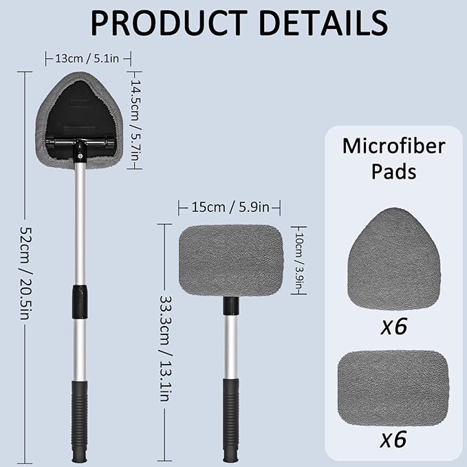 Beieverluck 20 Pieces Windshield Cleaner Tool, Inside Car Windshield Cleaning Tool with 12 Microfiber Pads, 4 Spray Bottle, and Extendable Handles Car Window Cleaning Tool Kit, Gray