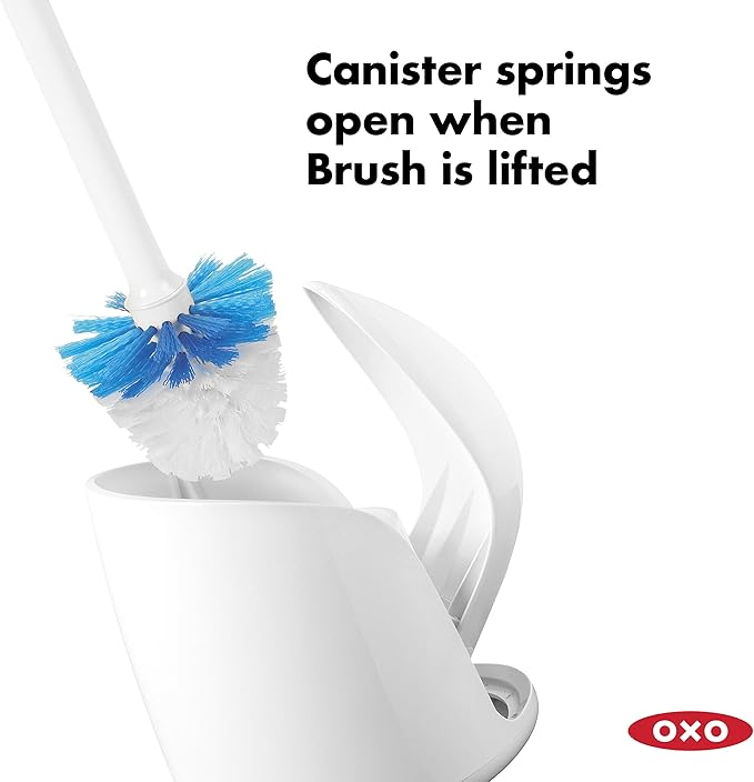 OXO Good Grips Compact Toilet Brush & Canister, Toilet Bowl Brush and Holder with Automatic Canister Door, Bathroom and Small Spaces Cleaning Supplies Essential (Pack of 2)