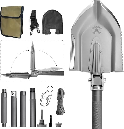 Zune Lotoo Tactical Shovel Survival Kit, 18 in 1 Compact Camping Shovel Folding Multitool High-Carbon Steel for Lightwei