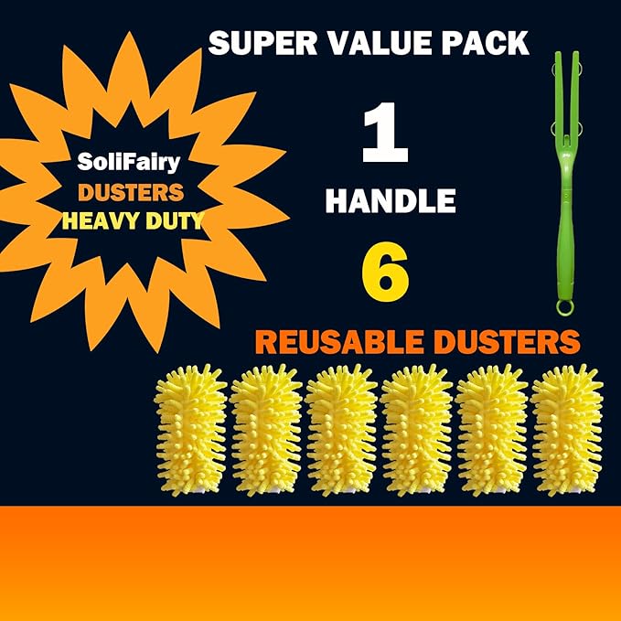 Reusable Duster for Swiffer, 360 Heavy Duty Duster Refill Compatible with Swiffer Hand Dusters for Dusting Furniture, Blinds, Ceiling Fans, Walls and More, 6 Refills +1 Handle, Yellow