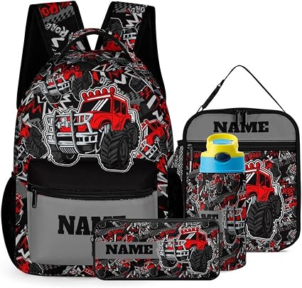 Custom Red Road Car 4Pcs Backpack Set with Lunch Bag Pencil Case Water Bottle Personalized Name Text School Book Bags Cu