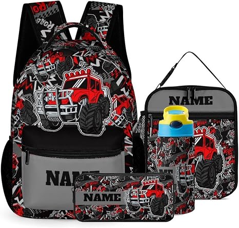 Custom Red Road Car 4Pcs Backpack Set with Lunch Bag Pencil Case Water Bottle Personalized Name Text School Book Bags Cu