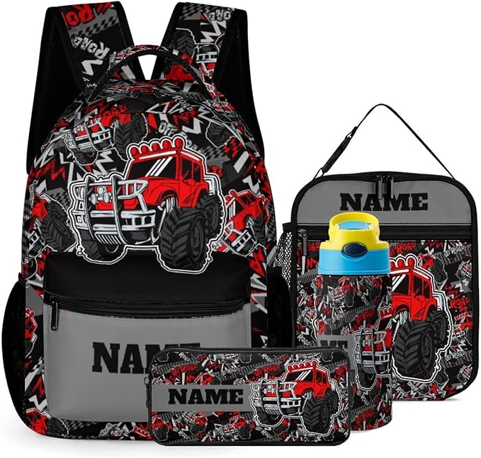 Custom Red Road Car 4Pcs Backpack Set with Lunch Bag Pencil Case Water Bottle Personalized Name Text School Book Bags Cu