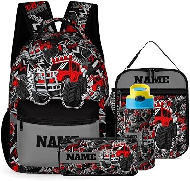 Custom Red Road Car 4Pcs Backpack Set with Lunch Bag Pencil Case Water Bottle Personalized Name Text School Book Bags Cu