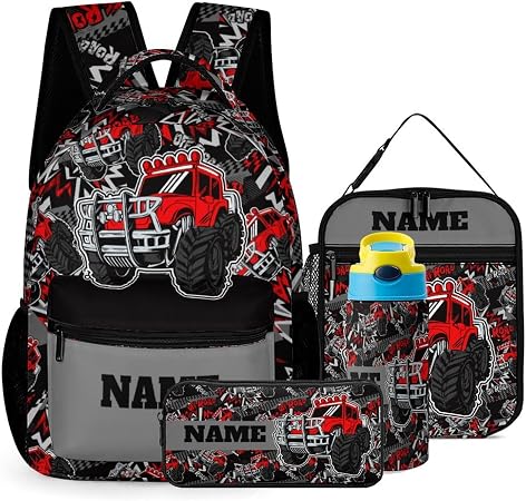Custom Red Road Car 4Pcs Backpack Set with Lunch Bag Pencil Case Water Bottle Personalized Name Text School Book Bags Cu