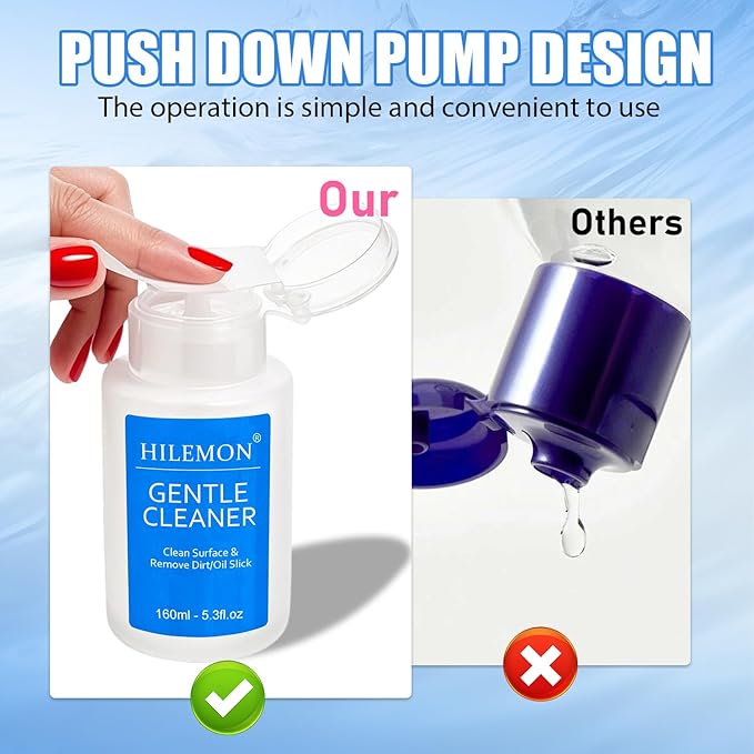 Push-On Nail Gentle Cleaner, Gentle Nails Surface Cleanser, Clean Base Gel & Floating Gel & Grease After Sealing & Dust & Dirt from Nails, Art DIY, Pump Bottle Design, 160ml (Gentle Cleaner)