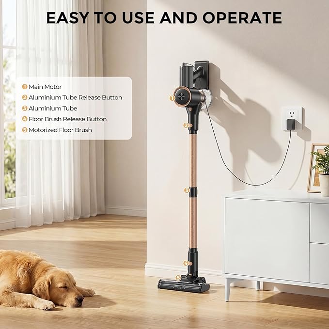 Cordless Vacuum Cleaner, Stick Vacuum with LED Display, Real-Time Battery Level Rechargeable Cordless Vacuum with 2 Adjustable Suction Modes, 40 Mins Runtime Handheld Vacuum for Home（Rose Gold）