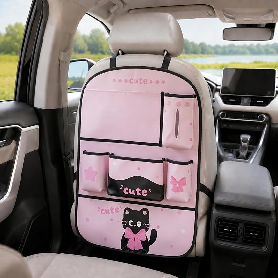 YUNZLAN Pink Black Backseat Car Organizer, Leather Kick Mats Back Seat Protector Organizer with Touch Screen Tablet Hold