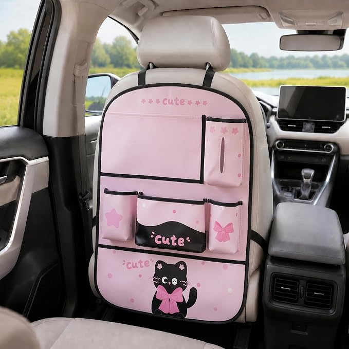 YUNZLAN Pink Black Backseat Car Organizer, Leather Kick Mats Back Seat Protector Organizer with Touch Screen Tablet Hold