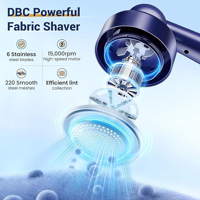 DBC Fabric Shaver & Lint Remover for Clothes, Sweaters & Furniture - 6-Leaf Blade, 3 Speeds, 2H Runtime, Portable Design Perfect for Travel, Includes 2 Extra Blades