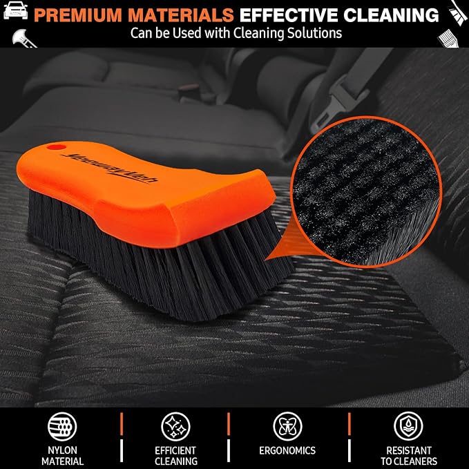 YeewayVeh 7PCS Car Interior Detailing Kit, Horse Hair Leather Brush for Car Seat, Carpet Brush, Soft Car Detailing Brush, Microfiber Towels & 2 Wax Applicator Pads, Car Interior Care Kit, Orange