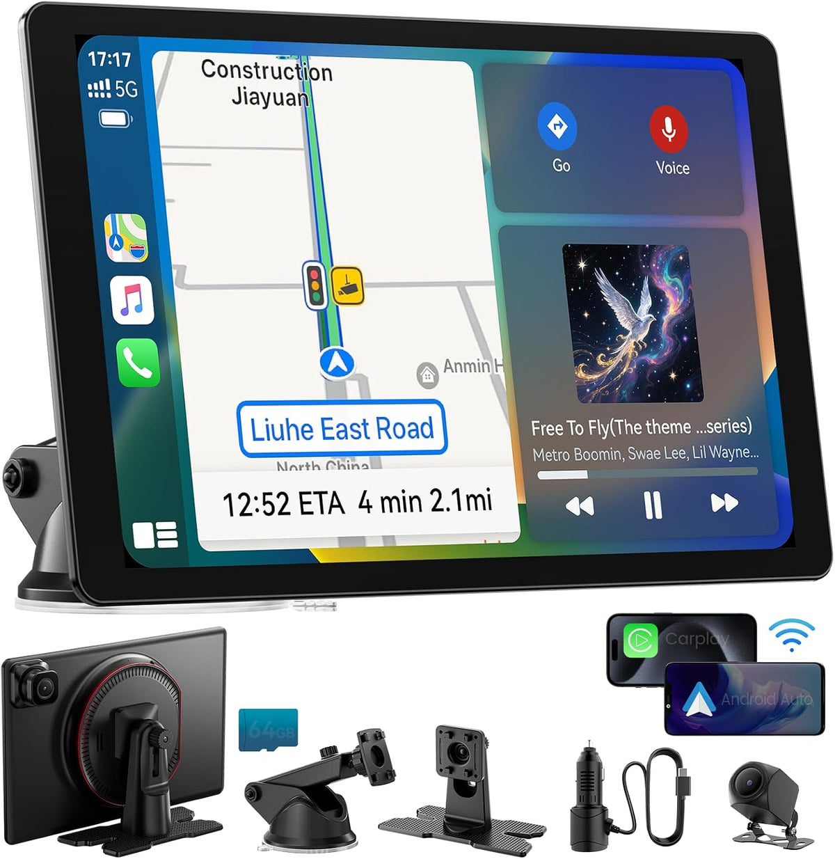IK11 11-Inch Wireless Apple CarPlay Screen, Android Auto, 4K Dash Cam
