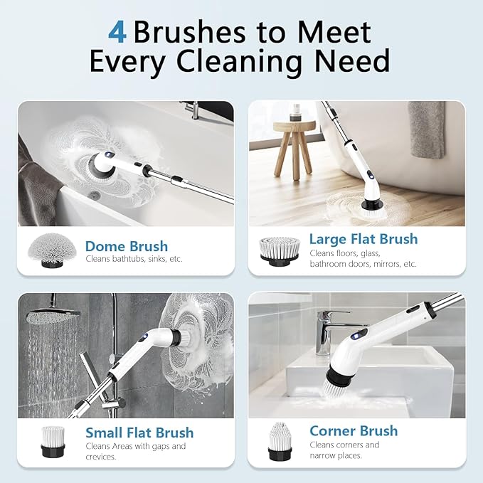 TUYU Electric Spin Scrubber, Full-Body IPX7 Waterproof Bathroom Scrubber with Power LCD Display, 8 Replacement Head, Adjustable Extension Handle, Cordless Shower Cleaner Brush for Bathtub Cleaning