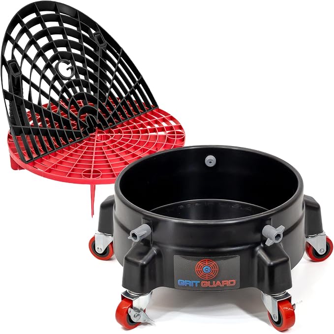 The Original Grit Guard Bucket Insert with Washboard Combo (Black/Red) + Bucket Dolly with Wheels (Black) - Made in the 