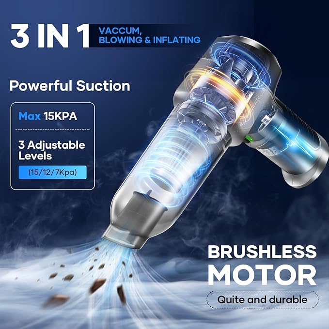 SakerPlus Mini Vacuum Cleaner, 3 in 1 Car Vacuum Cleaner High Power, 15000PA Powerful Suction, Air Duster, 7500mAh, Dual Filter,Adjustable Small Vaccum Portable Cordless for Cars,Desktop,Home - HL137