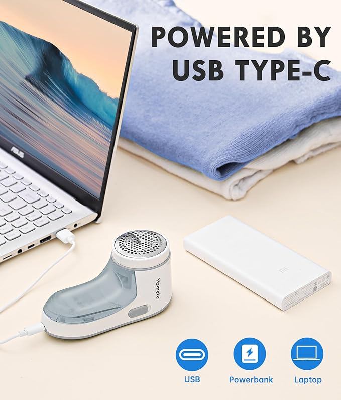 Fabric Shaver Rechargeable, Electric Lint Remover for Clothes & Furniture, Sweater Shaver & Pilling Remover, Depiller with 2 Extra Blades Included, Lint Shaver for Clothing - USB Charge, Gray