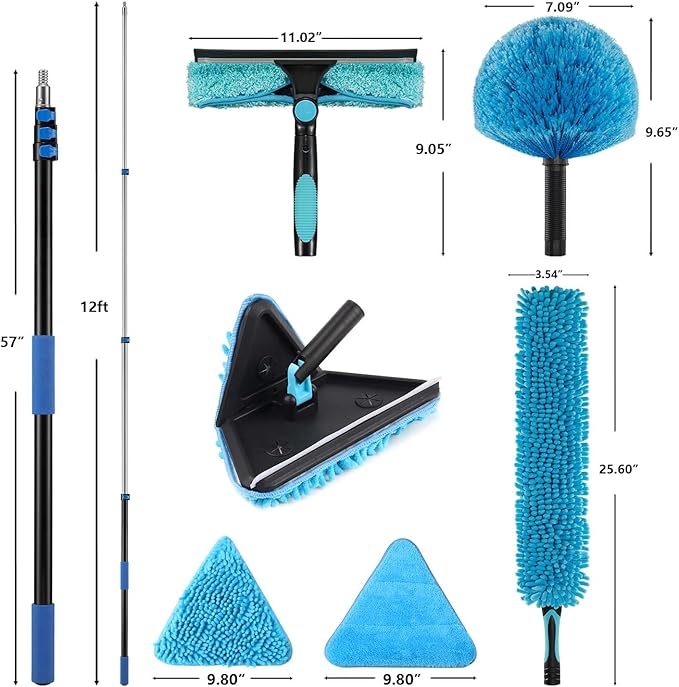20 Foot Painted Wall Cleaner Mop with 12 Ft Heavy Duty Extension Pole, 3-in-1 High Ceiling Cleaning Tool with 4 Microfiber Chenille Pad, Cobweb Duster, Fan, Baseboard, Window Squeegee Kit (12ft)
