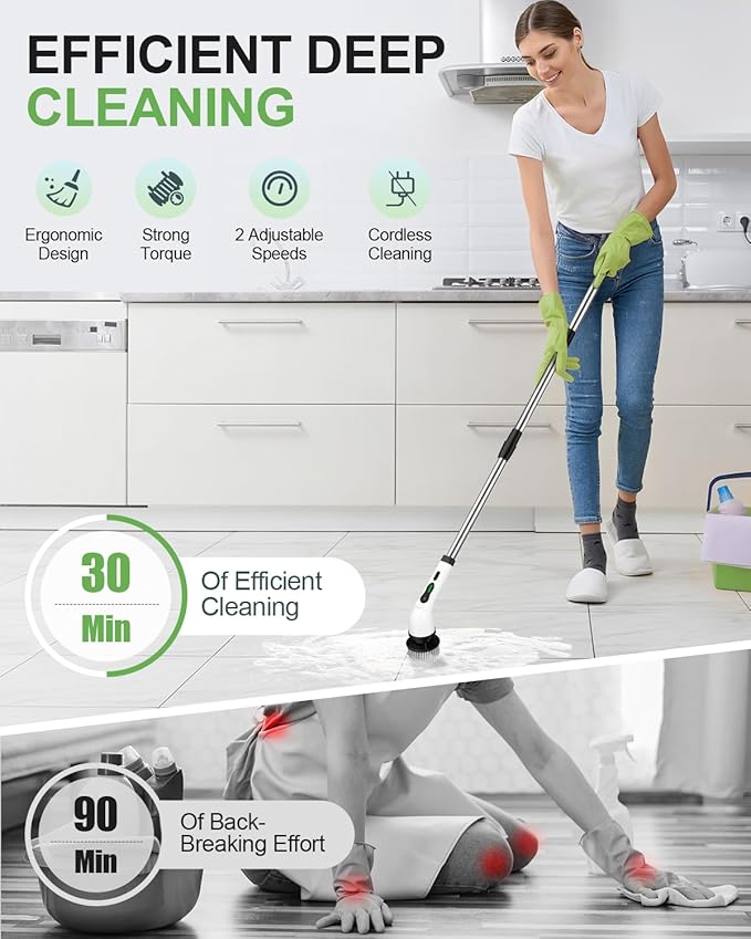 Electric Spin Scrubber, Cordless Power Cleaning Brush with 9 Replaceable Heads, Rechargeable Shower Scrubber with Adjustable Handle, IPX7 Waterproof Scrubber for Bathroom Tile Car,White-ra1