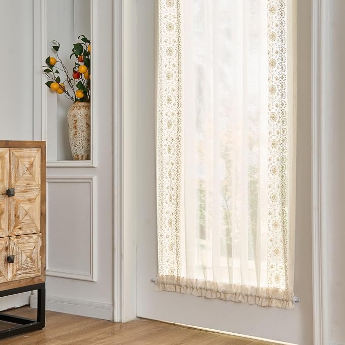 jinchan French Sheer Volie Door Curtain Embroidered Farmhouse Linen Curtain for Patio Door with Tie up Bows Light Filtering for Door Window Closet Rod Pocket 72 Inches 1 Panel Crude on Beige