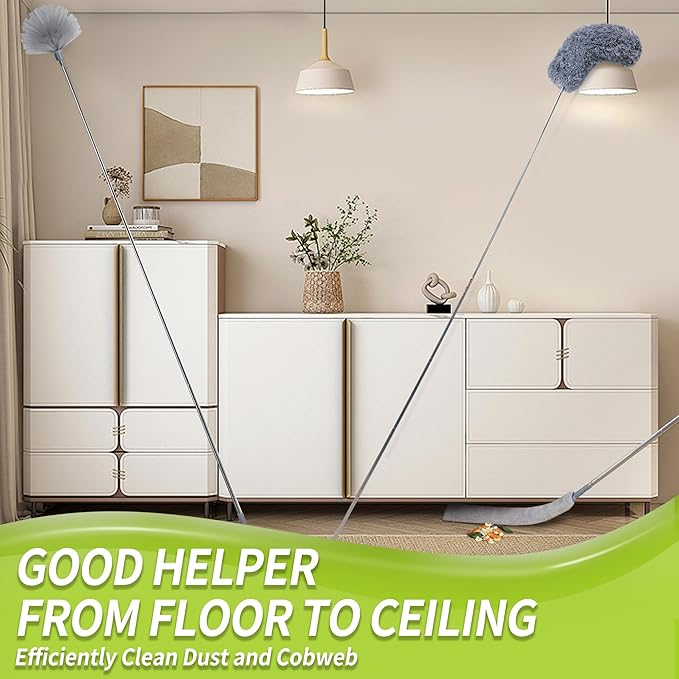 IVYROLL Duster with Extension Pole, Skinny Duster/Under Appliance Cleaning Tool & Spider Web Brush & Ceiling Cleaner, 100" Microfiber Feather Cleaner with Washable Head for Fan Furniture Wall