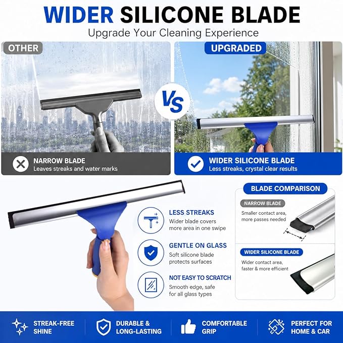 ITTAR Window Squeegee Cleaning Kit with 60 Inch Extension Pole, Glass Cleaner Tool 12" Rubber Blade & 2 Microfiber Pads, Window Washing Equipment for High Windows, Shower Doors, Car Windshield