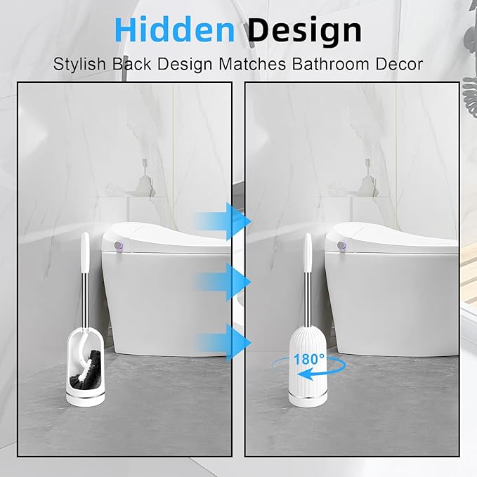 Toilet Brush and Holder Set, Curved Toilet Brush with Stainless Steel Handle, Under Rim Toilet Bowl Brush for Deep Cleaning, Drip-Proof, White