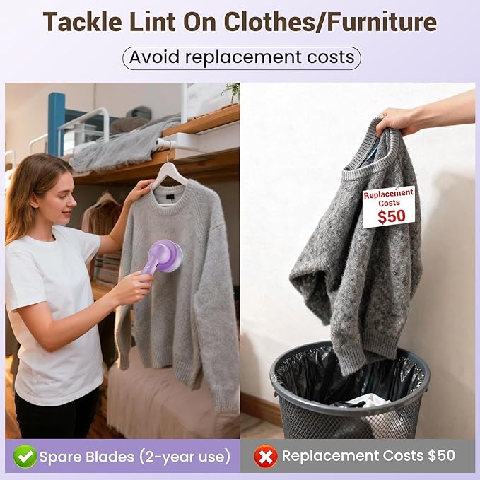 DBC Fabric Shaver & Lint Remover for Clothes, Sweaters & Furniture - 6-Leaf Blade, 3 Speeds, 2H Runtime, Portable Design Perfect for Travel, Includes 2 Extra Blades - Purple