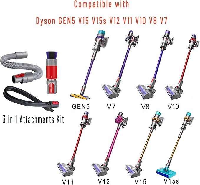 3-in-1 Vacuum Attachment Bundle for Dyson V15 V5s V12 V11 V10 V8 V7 Gen5-23" Flexible Crevice Tool + 63" Extension Hose + Soft Dusting Brush for Dryer Vent, Car Detailing, Delicate Surfaces