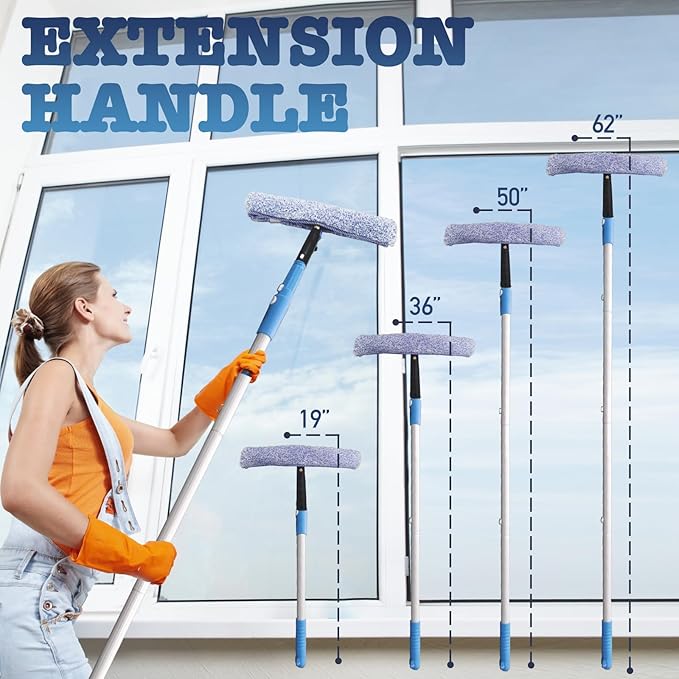 Window Cleaning Kit with Storage Bucket,Window Washing Kit with 4.13Ft Extension Pole,Scrubber,Spray Bottle,Duster Cloth,Squeegee with Rotating Head,Professional Window Cleaning Squeegee Kit