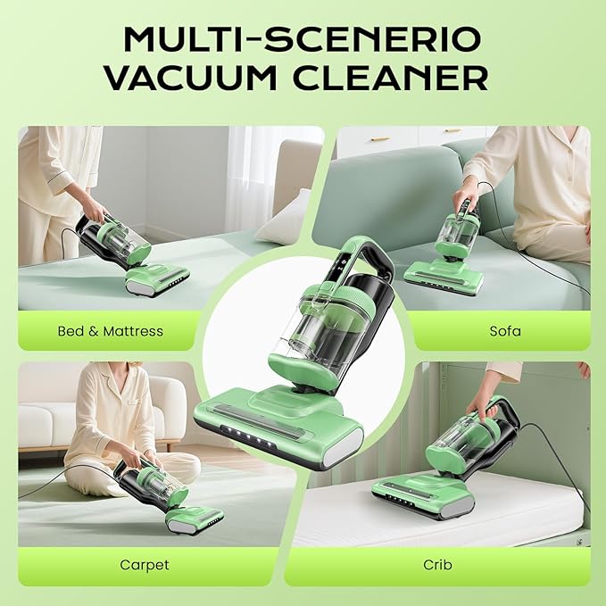 MYUAKO Mattress Vacuum Cleaner with UV-C Light & 140°F Constant Heat, 20Kpa Powerful Suction Bed Vacuum for Pet Hair, Dander Baby Crib, Dual-Cup System with Extra HEPA Filter, Lightweight&16ft Cord