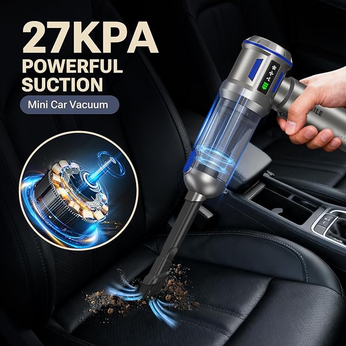 Yomile Mini Vacuum Cleaner, 2 in 1 27000PA Brushless Car Vacuum Air Duster 9000mAh Battery Air Blower Wireless Handheld Vacuum for Car,Office and Home