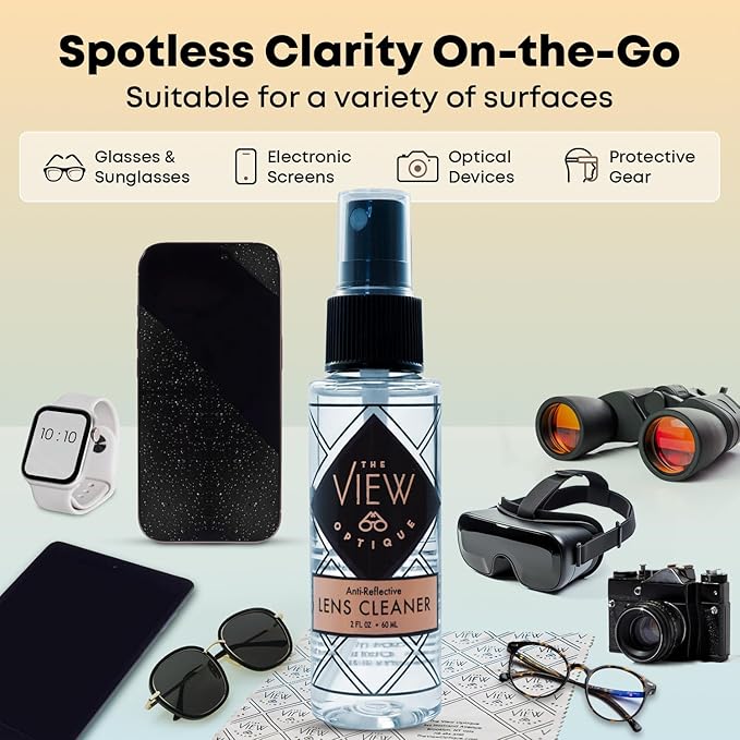 Anti-Reflective Lens Cleaner Spray Kit – (1) 2oz Glasses Cleaner Spray, (1) Microfiber Cloth for Eyeglasses, Sunglasses, Lenses, Screens and Camera Cleaning Kit (2 Piece Set)