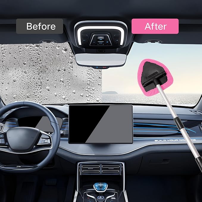 Qydipclin 11pcs Windshield Cleaner Tool, Car Window Cleaning Wash Kit with 6 Reusable Microfiber Pads 2 Spray Bottles and Extendable Handles Auto Glass Wiper Kit, Pink