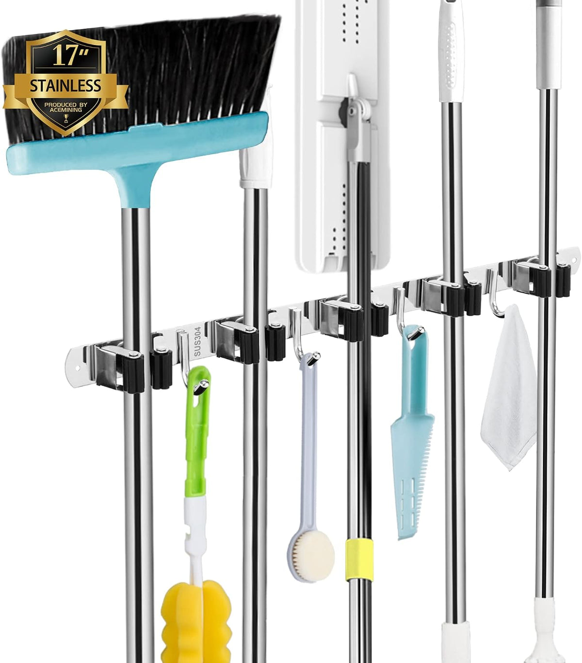 Broom Holder Wall Mount, 5 Racks 4 Hooks Heavy Duty Mop Organizer