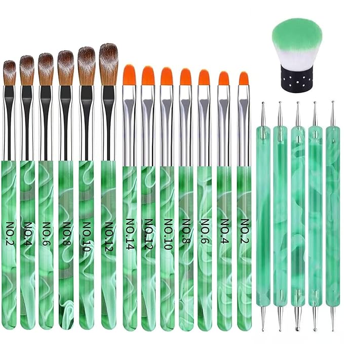 19Pcs Green Nail Art Brush Set, Nail Brushes Kit with Acrylic Nail Brush, Gel Polish Brushes, Dotting Tools, Nail Dust Brush, Manicure Tool for Acrylic Powder Application, Sculpting & Cleaning