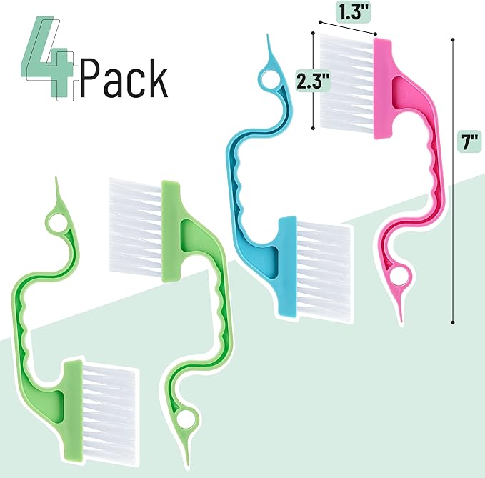 Slick- Window Track Cleaning Brush, 4 Pack, Colorful Ergonomic Handle, Built-in Scraper, Multipurpose, Window Track Cleaning Tools