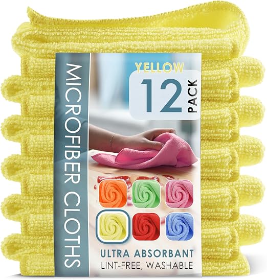 Hearth & Harbor Microfiber Cleaning Cloth Set - 12 Pack Yellow Washcloths, 12''x12'' Reusable Towels for Cars, Lint-Free