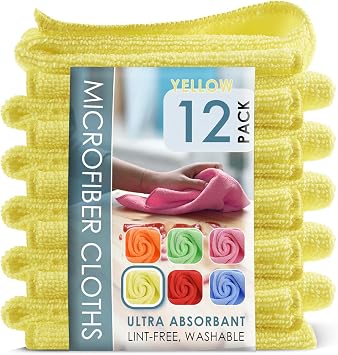 Hearth & Harbor Microfiber Cleaning Cloth Set - 12 Pack Yellow Washcloths, 12''x12'' Reusable Towels for Cars, Lint-Free