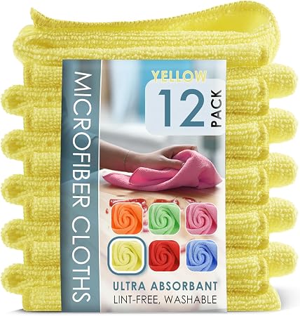 Hearth & Harbor Microfiber Cleaning Cloth Set - 12 Pack Yellow Washcloths, 12''x12'' Reusable Towels for Cars, Lint-Free