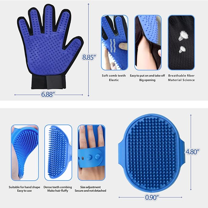 NVNAN Cat & Dog Grooming Gloves - Dog Shampoo Brush & Deshedding Brush for Shedding, Gentle Pet Hair Remover & Massage Gloves for Cats, Dogs, All Fur Types (1 Brush +1 Pair Gloves)