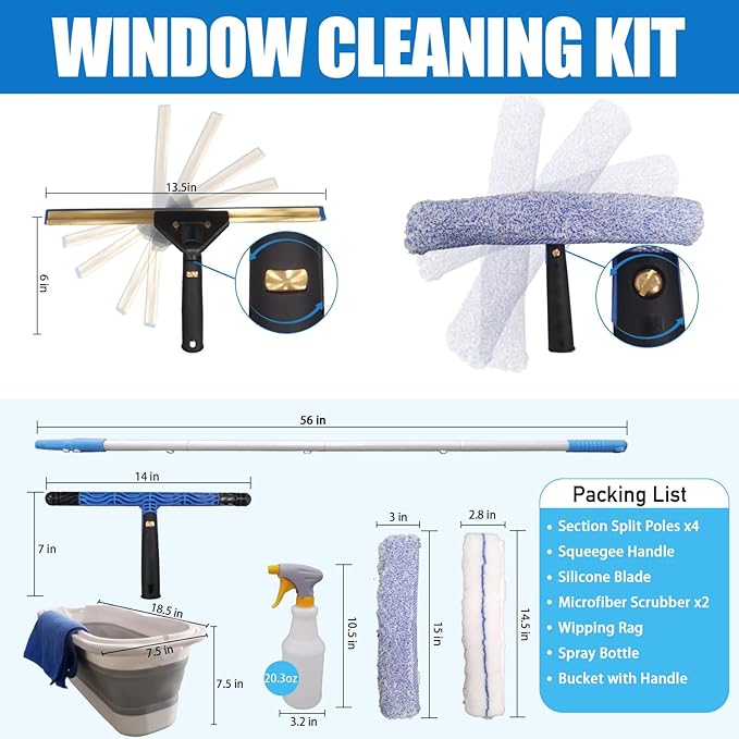 Window Cleaning Kit with Storage Bucket,Window Washing Kit with 4.13Ft Extension Pole,Scrubber,Spray Bottle,Duster Cloth,Squeegee with Rotating Head,Professional Window Cleaning Squeegee Kit