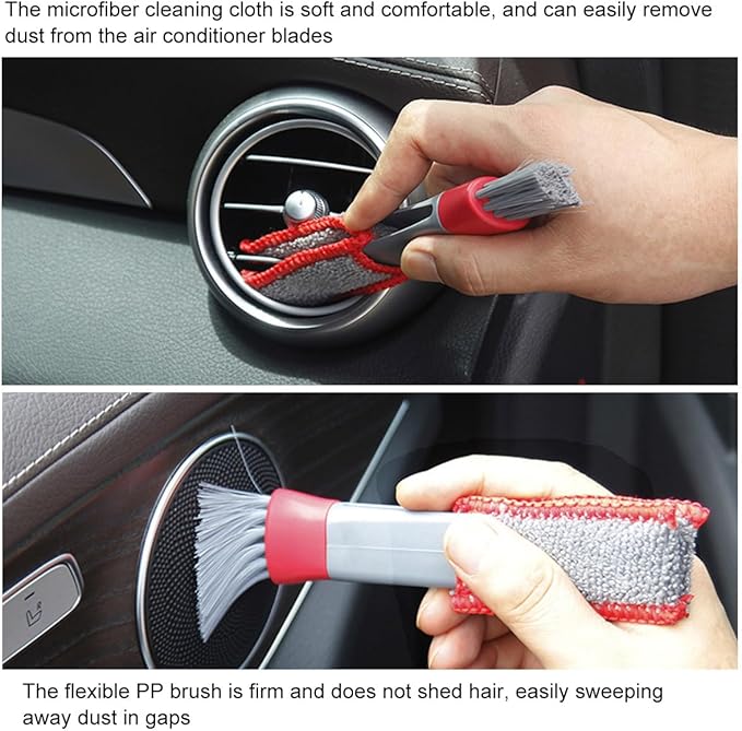 KVAEY 2 PCS Mini Duster for Car Air Vent, Double Ended Automotive Air Vent Microfiber Duster & Brush, Dust Collector Cleaner for Keyboard Window Leaves Shutter, Car Accessories (Red & Gray)
