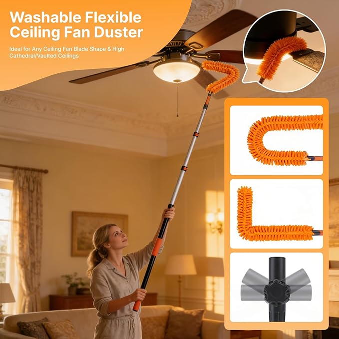 20ft High Ceiling Duster Kits with 4-12ft Heavy Duty Extension Pole, Ceiling Fan Duster, Cobweb Duster, Microfiber Duster, Window Squeegee & Cleaner, Wall Mop for Home & House Cleaning