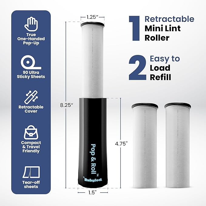 Rubyloo Mini Lint Roller for Pet Hair (1 Pack + 2 Refill Rolls) - Travel Size Sticky Pet Hair Roller with Retractable Cover - Cat & Dog Fur Remover for Clothes