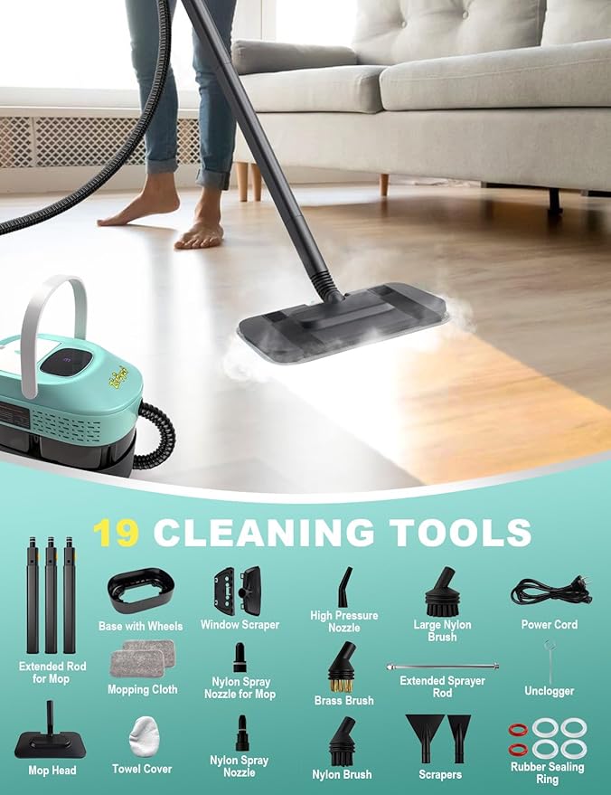 Steam Mop, 19 in 1 Detachable Steam Cleaner, 54OZ Tank, 10S Heat-up, Pressurized Deep Cleaning Steamer, 3-Level Temp & 221°F for Floors, Carpets, Tiles, BBQ grill, Car, Window (MINT GREEN)