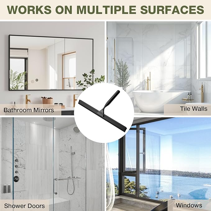 FARMER Shower Squeegee for Glass Doors, 10-Inch Glass Squeegee for Windows, Car Glass and Mirrors, Multi-Purpose Stainless Steel Squeegee with Suction Wall Hook and Over Door Hook, Black