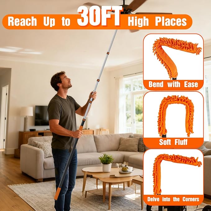 SISUPASSIE 30FT Reach High Ceiling Duster Kit, Window Cleaning kit with 5-24FT Extension Pole, Fan Duster for Ceiling Fan Blades, Microfiber Feather Duster, Rotatable Window Squeegee and Cobweb Duster
