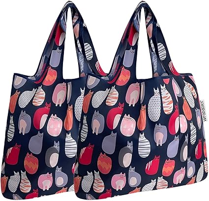 allydrew Foldable Tote Nylon Reusable Grocery Bag (Set of 2), Stylish Kitties